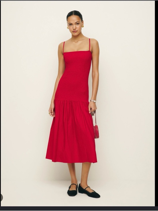Reformation Dresses & Skirts - Reformation Red Smocked Midi Dress with Spaghetti Straps